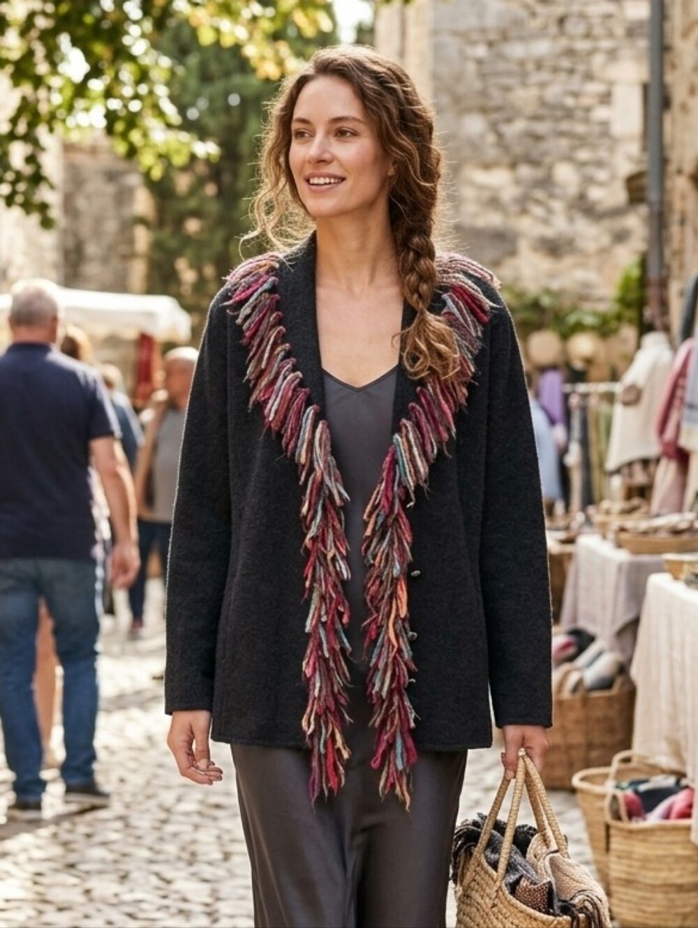 NWT Ruby Rd. Women's Artsy Black Wool Multicolor Fringe Trim Cardigan Size Large
